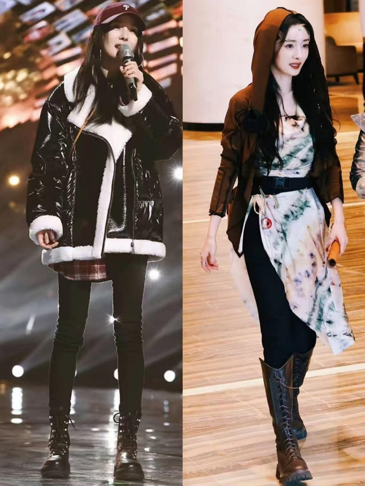 长靴女明星_冬季穿搭短外套修身长裤长筒靴_杨幂时尚搭配技巧